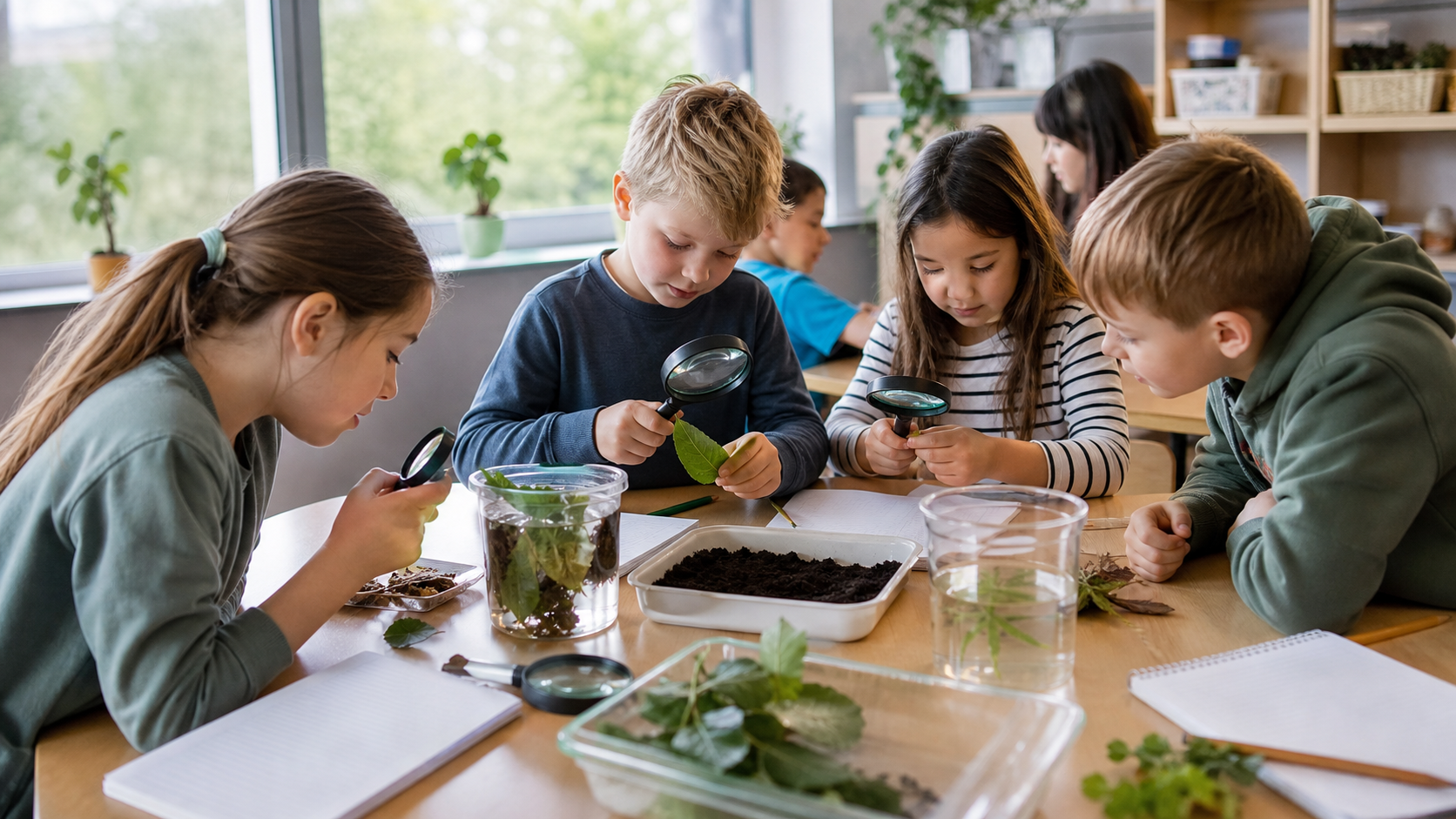 Kinder untersuchen Blätter und Erde mit Lupen